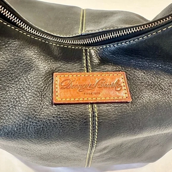 Dooney and Bourke bk purse, brass and silver hardware, yellow stitching, - Picture 2 of 16